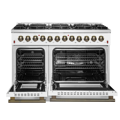 Galiano 48-inch Dual Fuel Range White & Antique Brass Design with 8 Sealed Burners 107,000 BTU, 6.58 cu. ft. double ovens & Griddle - Forno Appliances
