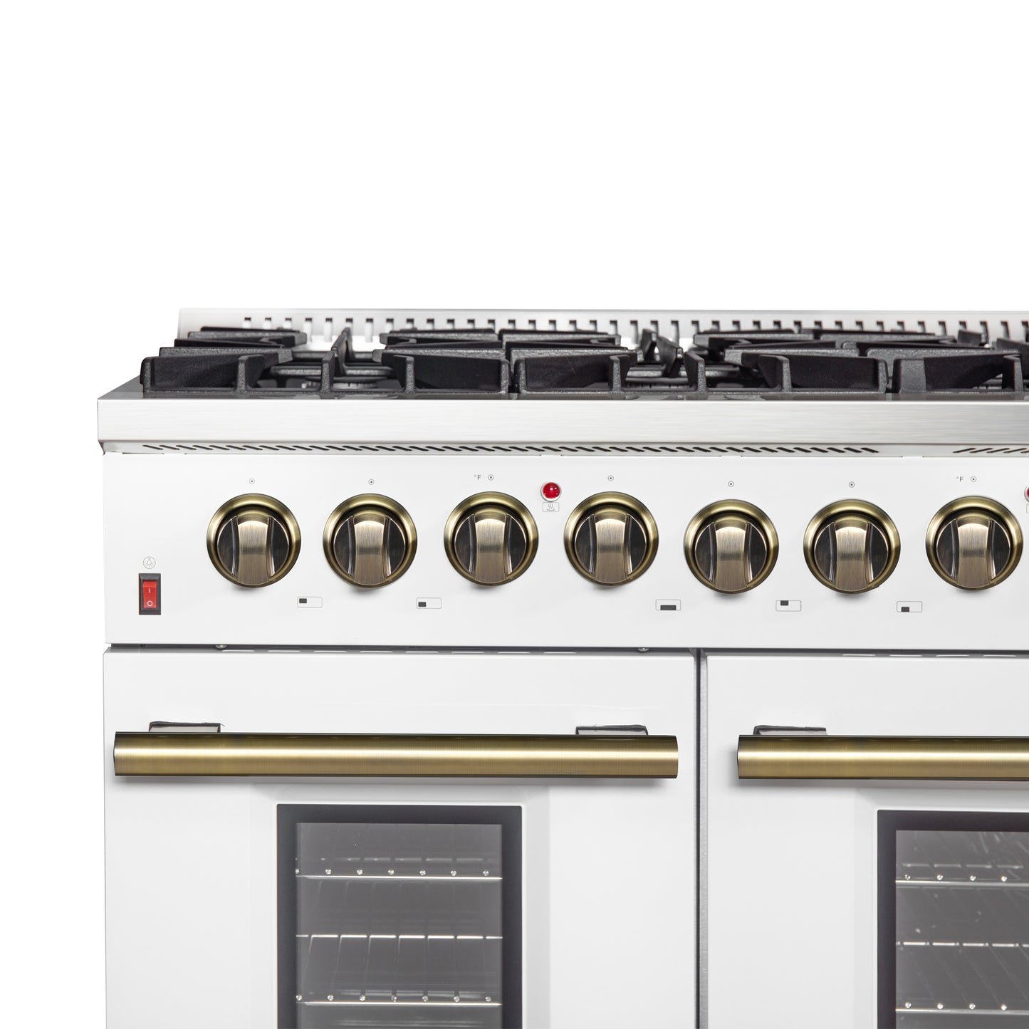 Galiano 48-inch Dual Fuel Range White & Antique Brass Design with 8 Sealed Burners 107,000 BTU, 6.58 cu. ft. double ovens & Griddle - Forno Appliances