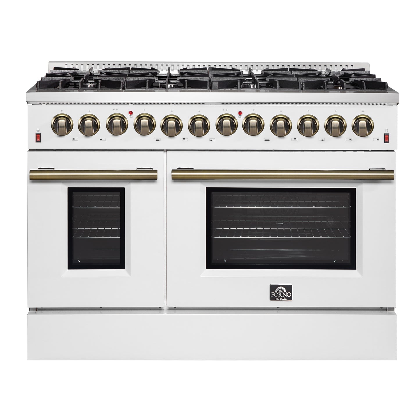 Galiano 48-inch Dual Fuel Range White & Antique Brass Design with 8 Sealed Burners 107,000 BTU, 6.58 cu. ft. double ovens & Griddle - Forno Appliances