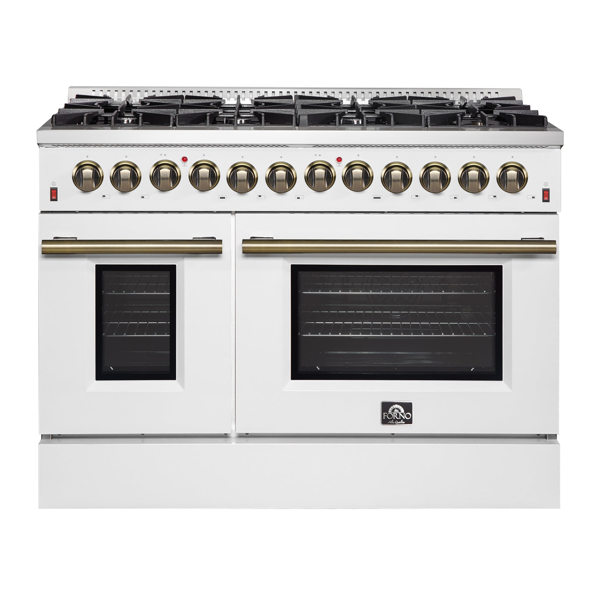 Galiano 48-inch Dual Fuel Range White & Antique Brass Design with 8 Sealed Burners 107,000 BTU, 6.58 cu. ft. double ovens & Griddle - Forno Appliances