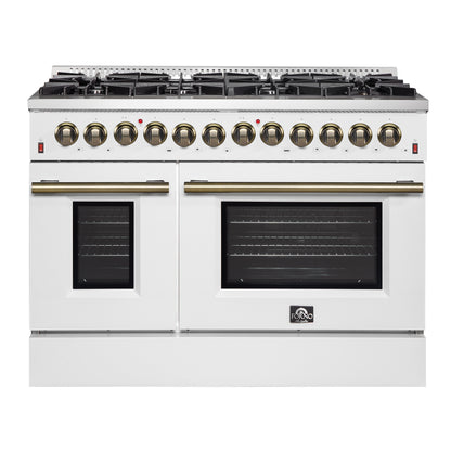 Galiano 48-inch Dual Fuel Range White & Antique Brass Design with 8 Sealed Burners 107,000 BTU, 6.58 cu. ft. double ovens & Griddle - Forno Appliances