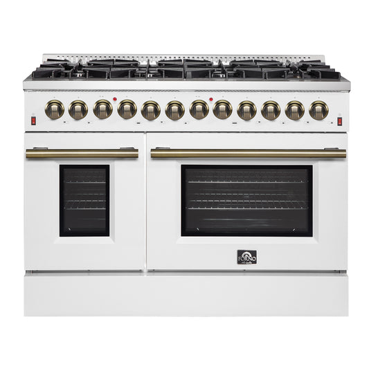 Galiano 48-inch Dual Fuel Range White & Antique Brass Design with 8 Sealed Burners 107,000 BTU, 6.58 cu. ft. double ovens & Griddle - Forno Appliances