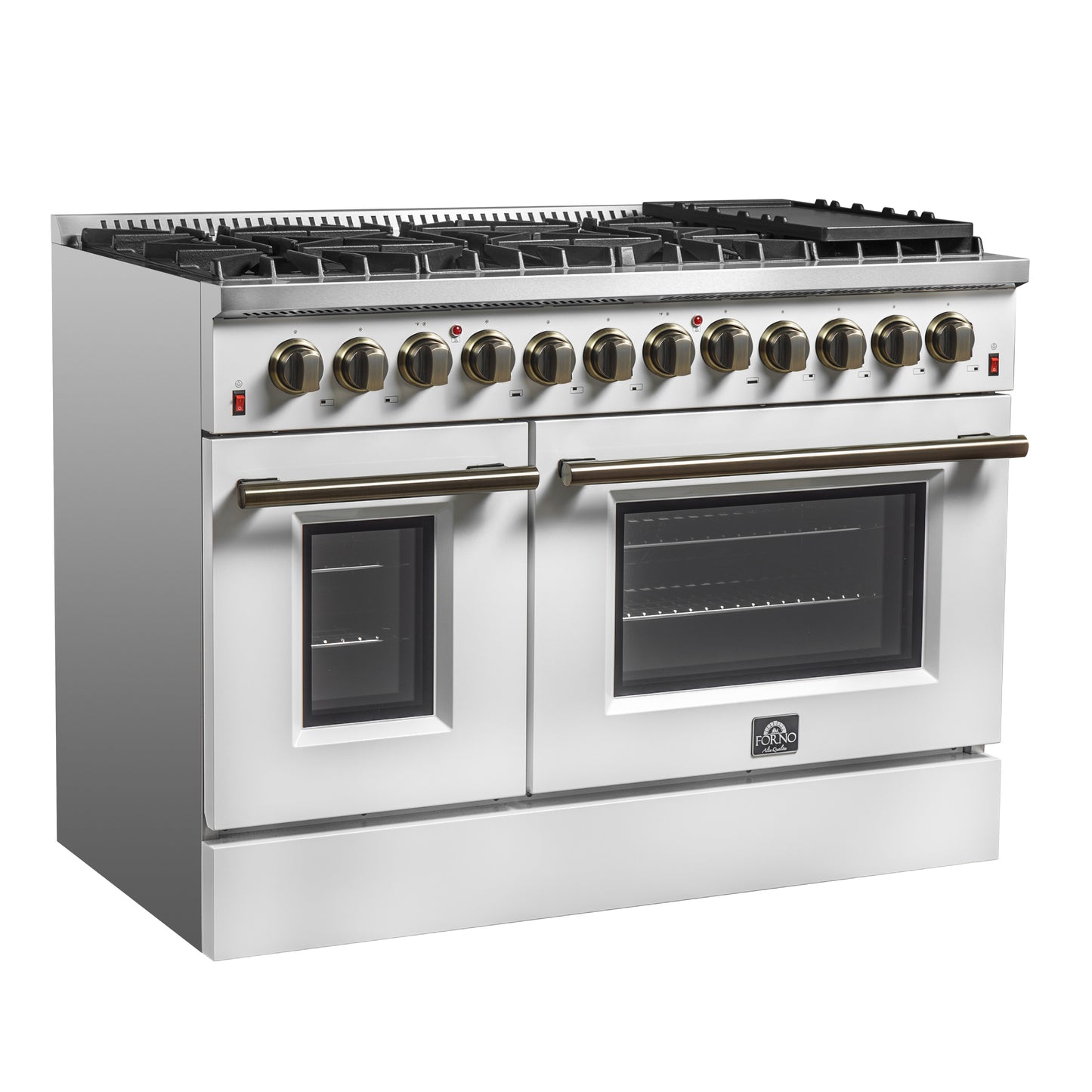 Galiano 48-inch Dual Fuel Range White & Antique Brass Design with 8 Sealed Burners 107,000 BTU, 6.58 cu. ft. double ovens & Griddle - Forno Appliances