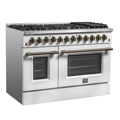 Galiano 48-inch Dual Fuel Range White & Antique Brass Design with 8 Sealed Burners 107,000 BTU, 6.58 cu. ft. double ovens & Griddle - Forno Appliances