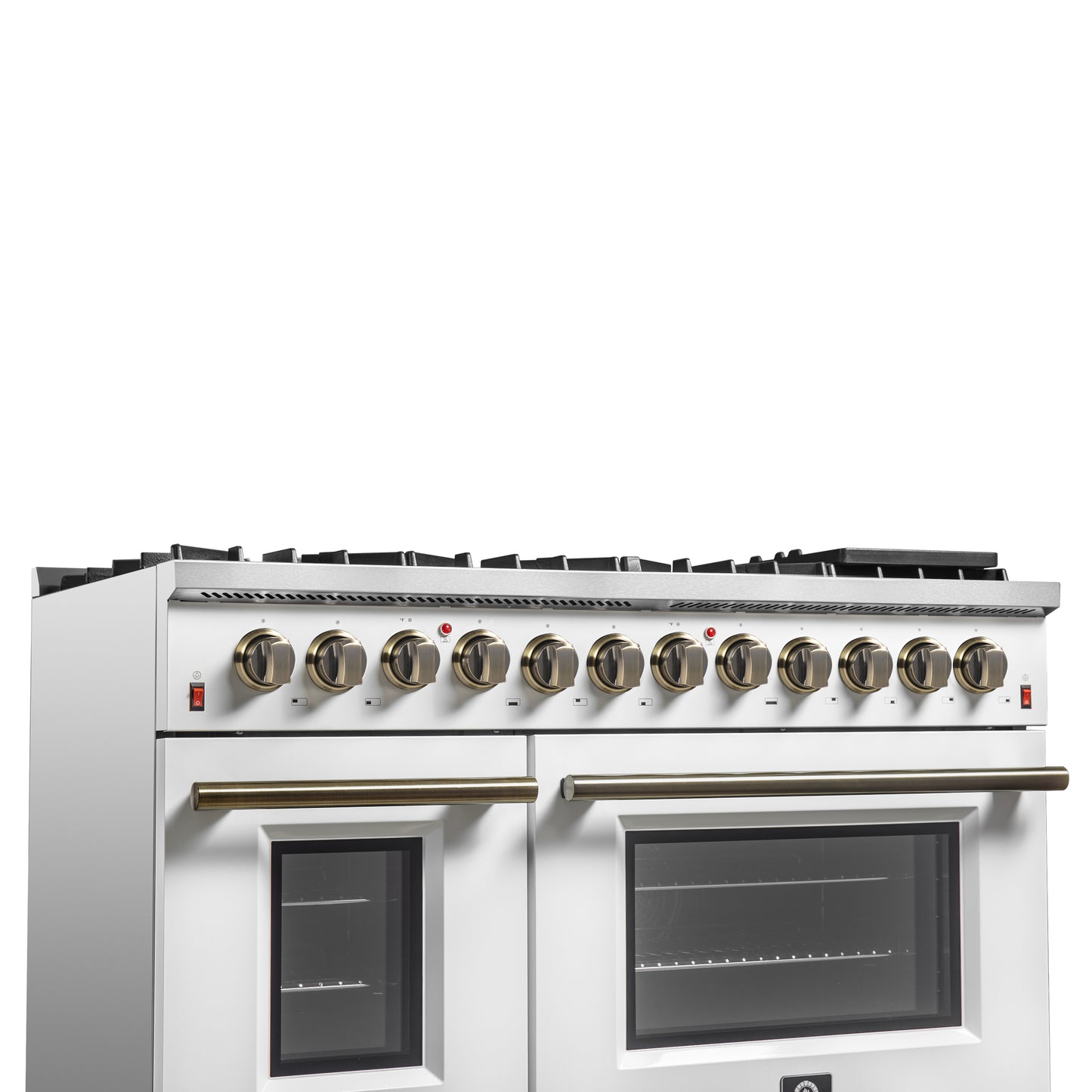 Galiano 48-inch Dual Fuel Range White & Antique Brass Design with 8 Sealed Burners 107,000 BTU, 6.58 cu. ft. double ovens & Griddle - Forno Appliances