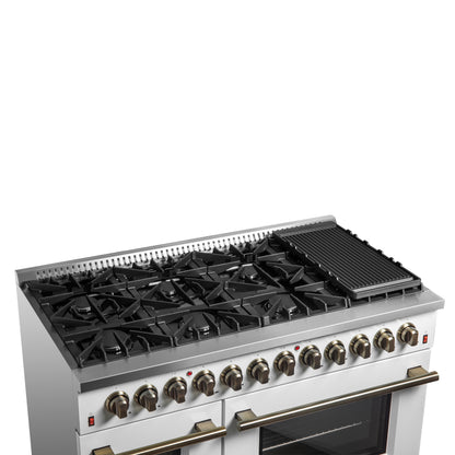 Galiano 48-inch Dual Fuel Range White & Antique Brass Design with 8 Sealed Burners 107,000 BTU, 6.58 cu. ft. double ovens & Griddle - Forno Appliances