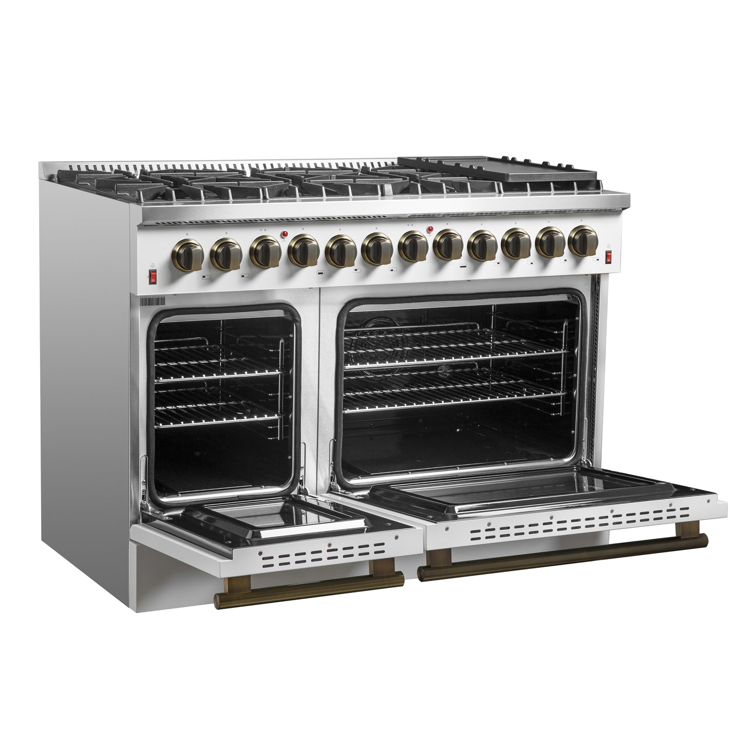 Galiano 48-inch Dual Fuel Range White & Antique Brass Design with 8 Sealed Burners 107,000 BTU, 6.58 cu. ft. double ovens & Griddle - Forno Appliances