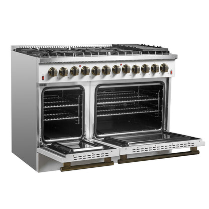 Galiano 48-inch Dual Fuel Range White & Antique Brass Design with 8 Sealed Burners 107,000 BTU, 6.58 cu. ft. double ovens & Griddle - Forno Appliances