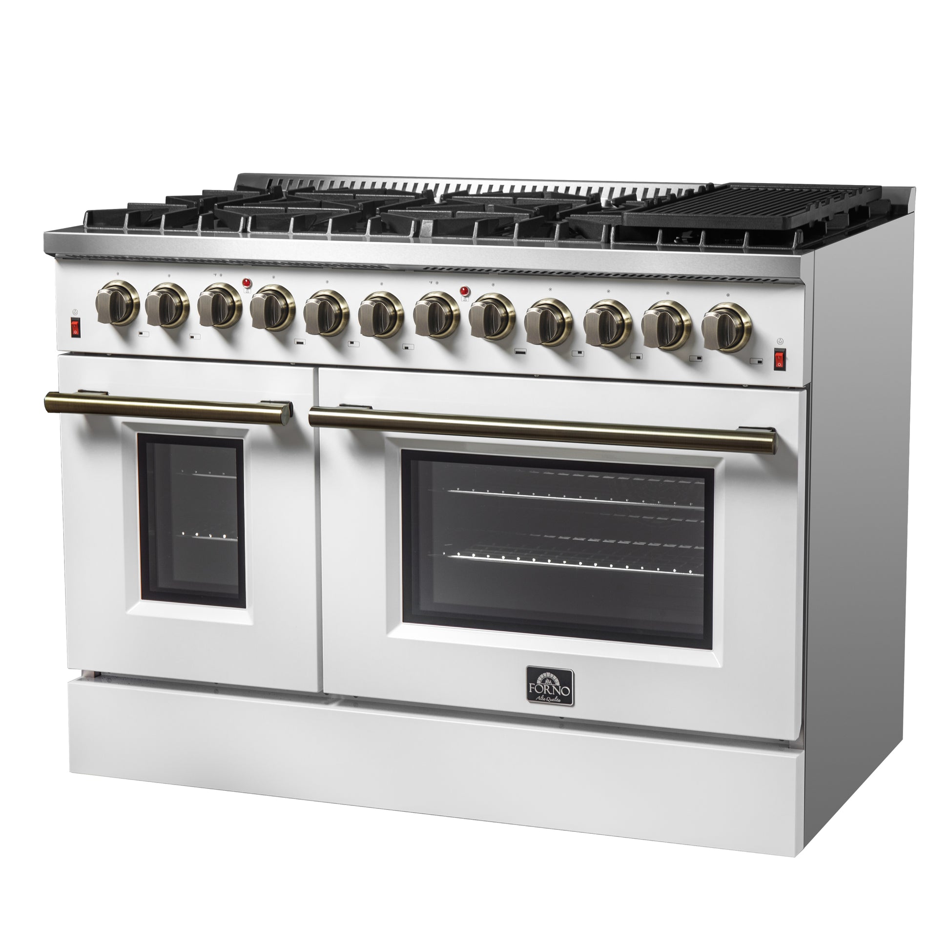 Galiano 48-inch Dual Fuel Range White & Antique Brass Design with 8 Sealed Burners 107,000 BTU, 6.58 cu. ft. double ovens & Griddle - Forno Appliances