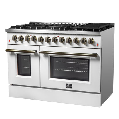 Galiano 48-inch Dual Fuel Range White & Antique Brass Design with 8 Sealed Burners 107,000 BTU, 6.58 cu. ft. double ovens & Griddle - Forno Appliances
