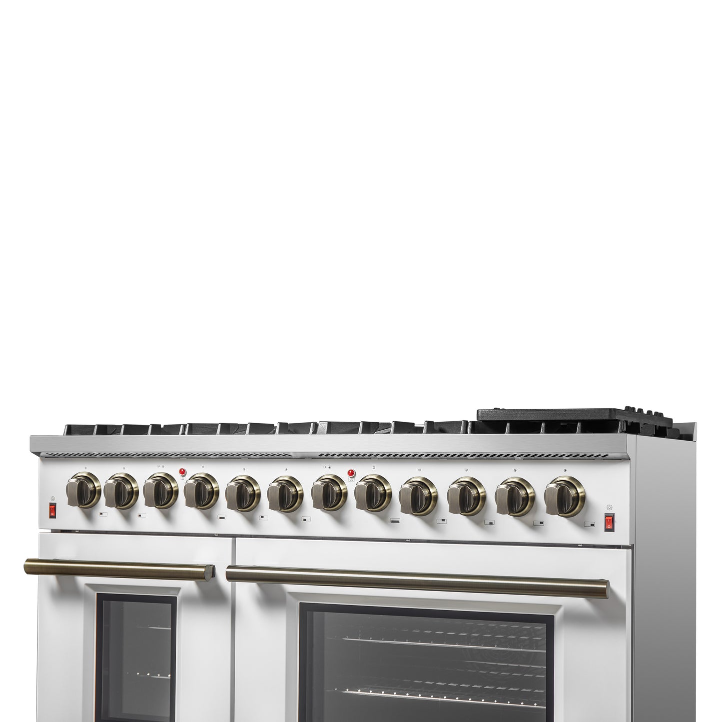 Galiano 48-inch Dual Fuel Range White & Antique Brass Design with 8 Sealed Burners 107,000 BTU, 6.58 cu. ft. double ovens & Griddle - Forno Appliances