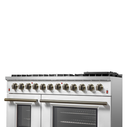Galiano 48-inch Dual Fuel Range White & Antique Brass Design with 8 Sealed Burners 107,000 BTU, 6.58 cu. ft. double ovens & Griddle - Forno Appliances