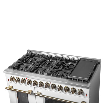 Galiano 48-inch Dual Fuel Range White & Antique Brass Design with 8 Sealed Burners 107,000 BTU, 6.58 cu. ft. double ovens & Griddle - Forno Appliances