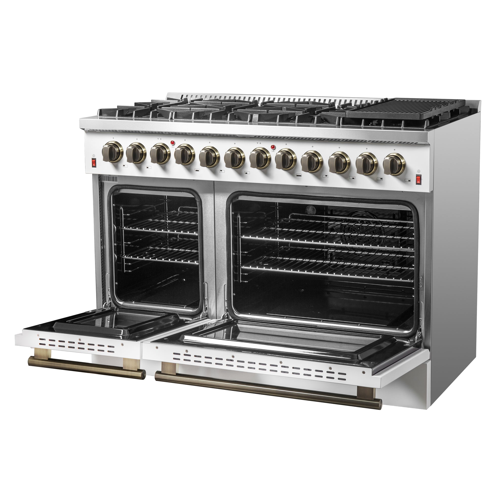 Galiano 48-inch Dual Fuel Range White & Antique Brass Design with 8 Sealed Burners 107,000 BTU, 6.58 cu. ft. double ovens & Griddle - Forno Appliances
