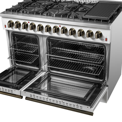 Galiano 48-inch Dual Fuel Range White & Antique Brass Design with 8 Sealed Burners 107,000 BTU, 6.58 cu. ft. double ovens & Griddle - Forno Appliances
