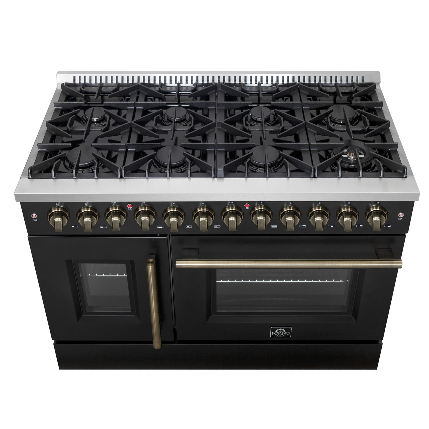 Forno Galiano 48-inch French Door Dual Fuel Range, Black & Antique Brass Design, 8 Sealed Burners - 107,000 BTU, Griddle, 6.58 cu.ft. Double Ovens - Forno Appliances