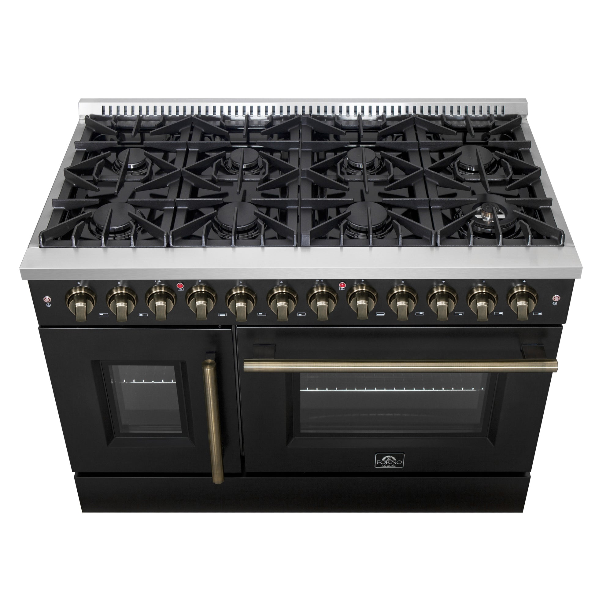 Forno Galiano 48-inch French Door Dual Fuel Range, Black & Antique Brass Design, 8 Sealed Burners - 107,000 BTU, Griddle, 6.58 cu.ft. Double Ovens - Forno Appliances