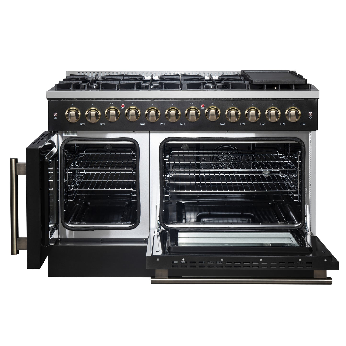 Forno Galiano 48-inch French Door Dual Fuel Range, Black & Antique Brass Design, 8 Sealed Burners - 107,000 BTU, Griddle, 6.58 cu.ft. Double Ovens - Forno Appliances
