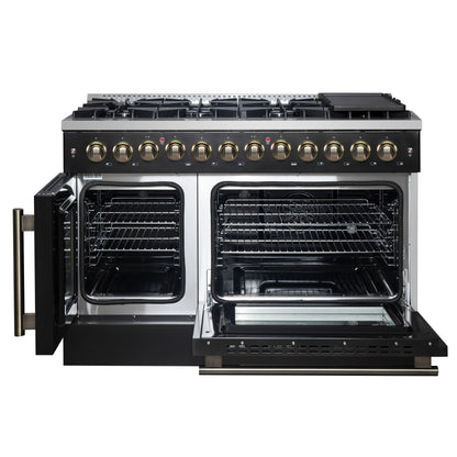 Forno Galiano 48-inch French Door Dual Fuel Range, Black & Antique Brass Design, 8 Sealed Burners - 107,000 BTU, Griddle, 6.58 cu.ft. Double Ovens - Forno Appliances