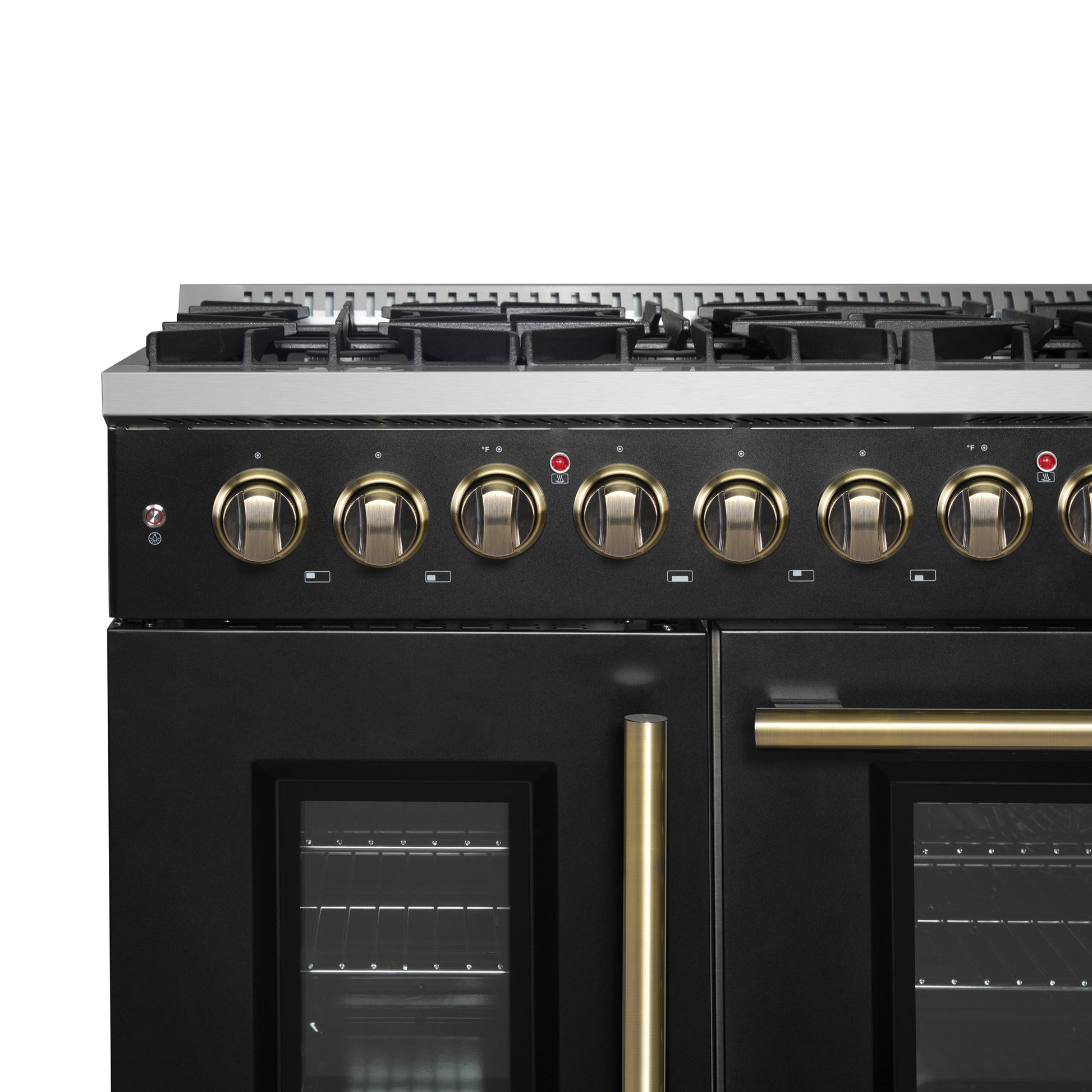 Forno Galiano 48-inch French Door Dual Fuel Range, Black & Antique Brass Design, 8 Sealed Burners - 107,000 BTU, Griddle, 6.58 cu.ft. Double Ovens - Forno Appliances