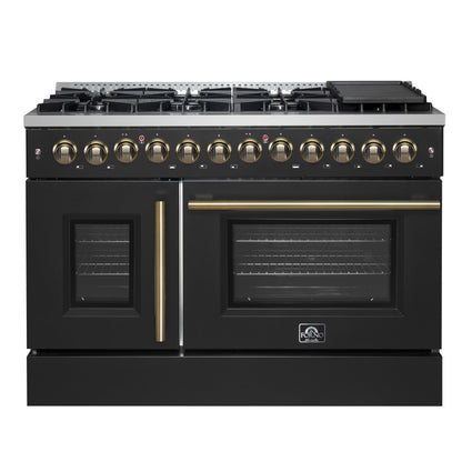 Forno Galiano 48-inch French Door Dual Fuel Range, Black & Antique Brass Design, 8 Sealed Burners - 107,000 BTU, Griddle, 6.58 cu.ft. Double Ovens - Forno Appliances