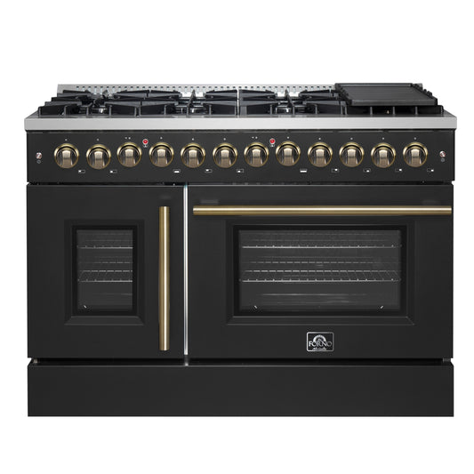 Forno Galiano 48-inch French Door Dual Fuel Range, Black & Antique Brass Design, 8 Sealed Burners - 107,000 BTU, Griddle, 6.58 cu.ft. Double Ovens - Forno Appliances