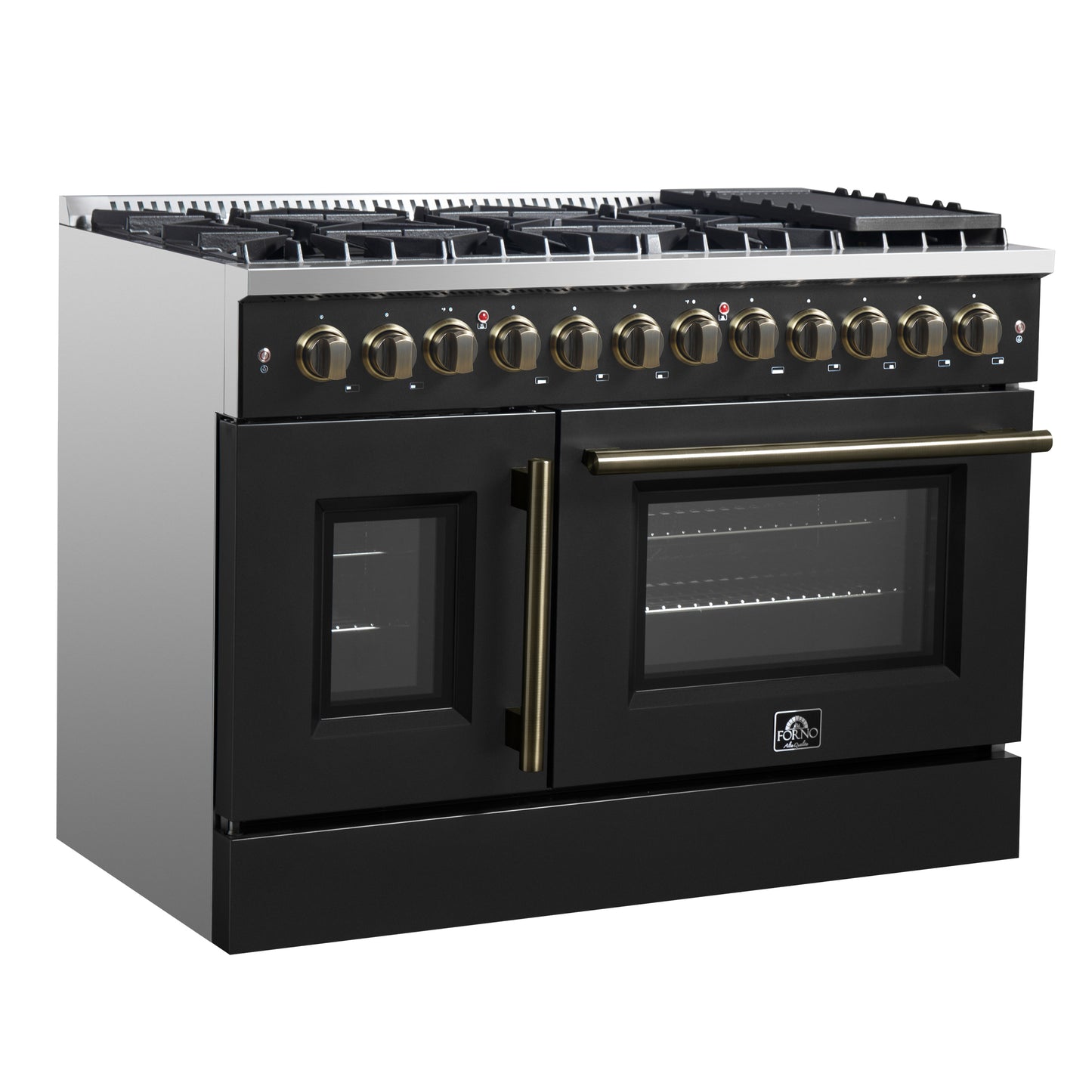 Forno Galiano 48-inch French Door Dual Fuel Range, Black & Antique Brass Design, 8 Sealed Burners - 107,000 BTU, Griddle, 6.58 cu.ft. Double Ovens - Forno Appliances