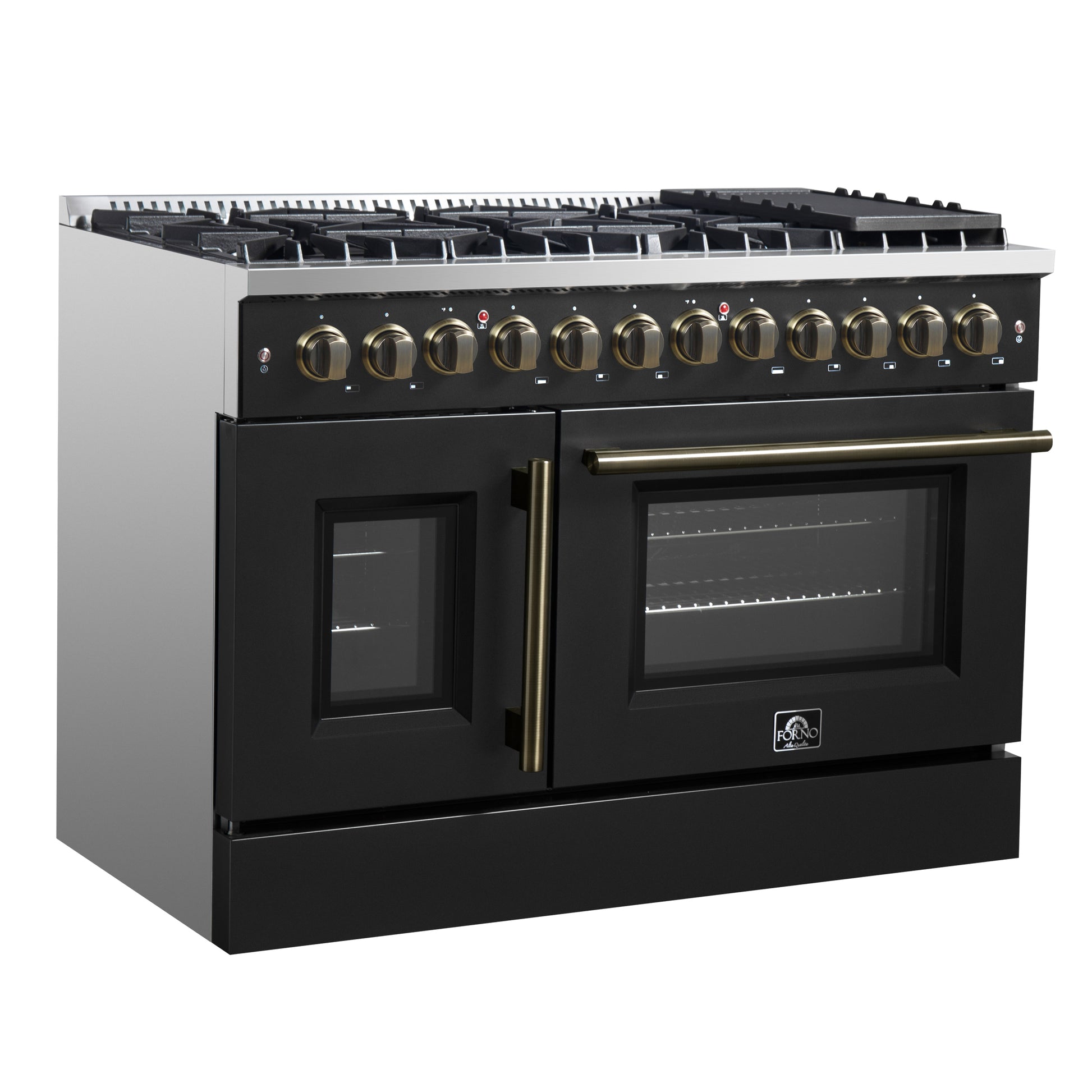 Forno Galiano 48-inch French Door Dual Fuel Range, Black & Antique Brass Design, 8 Sealed Burners - 107,000 BTU, Griddle, 6.58 cu.ft. Double Ovens - Forno Appliances