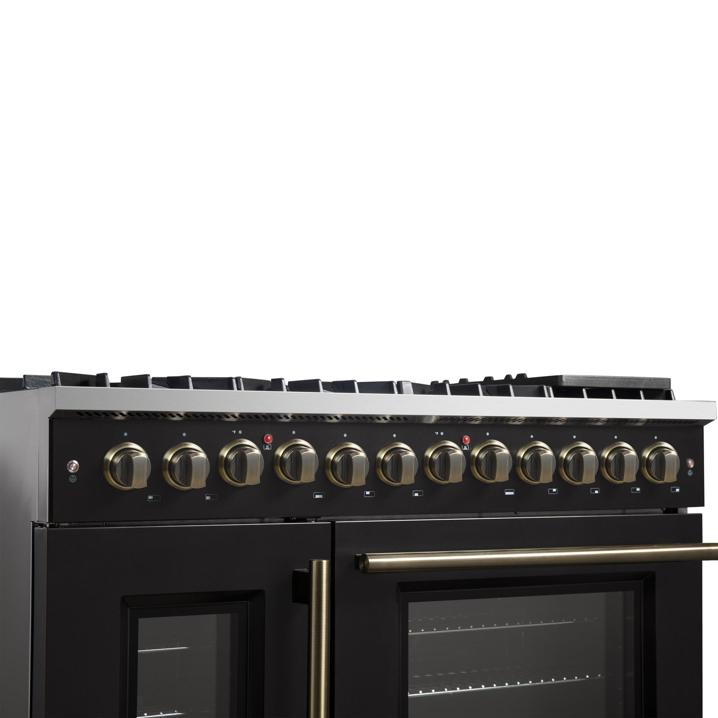 Forno Galiano 48-inch French Door Dual Fuel Range, Black & Antique Brass Design, 8 Sealed Burners - 107,000 BTU, Griddle, 6.58 cu.ft. Double Ovens - Forno Appliances