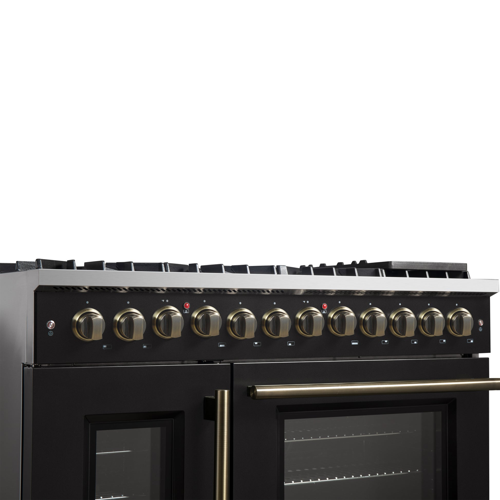 Forno Galiano 48-inch French Door Dual Fuel Range, Black & Antique Brass Design, 8 Sealed Burners - 107,000 BTU, Griddle, 6.58 cu.ft. Double Ovens - Forno Appliances