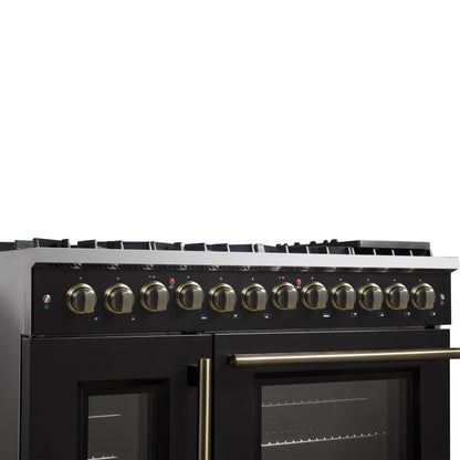 Forno Galiano 48-inch French Door Dual Fuel Range, Black & Antique Brass Design, 8 Sealed Burners - 107,000 BTU, Griddle, 6.58 cu.ft. Double Ovens - Forno Appliances