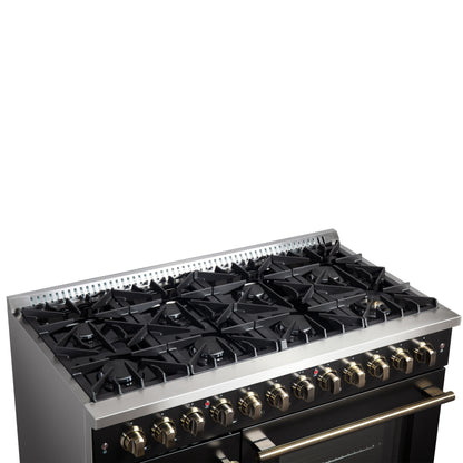 Forno Galiano 48-inch French Door Dual Fuel Range, Black & Antique Brass Design, 8 Sealed Burners - 107,000 BTU, Griddle, 6.58 cu.ft. Double Ovens - Forno Appliances