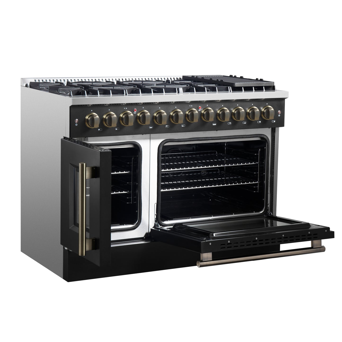 Forno Galiano 48-inch French Door Dual Fuel Range, Black & Antique Brass Design, 8 Sealed Burners - 107,000 BTU, Griddle, 6.58 cu.ft. Double Ovens - Forno Appliances