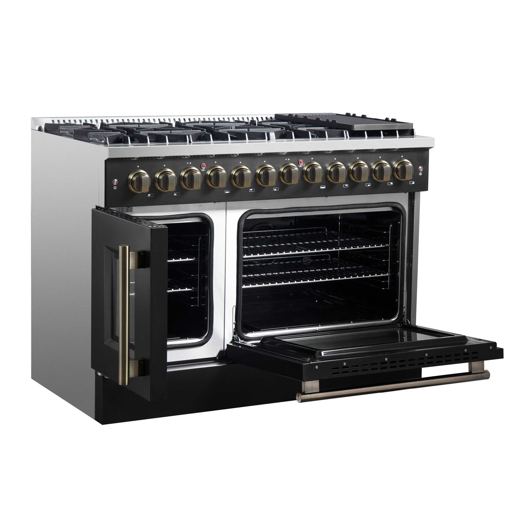 Forno Galiano 48-inch French Door Dual Fuel Range, Black & Antique Brass Design, 8 Sealed Burners - 107,000 BTU, Griddle, 6.58 cu.ft. Double Ovens - Forno Appliances
