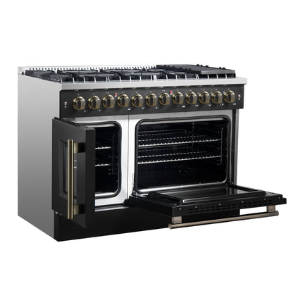 Forno Galiano 48-inch French Door Dual Fuel Range, Black & Antique Brass Design, 8 Sealed Burners - 107,000 BTU, Griddle, 6.58 cu.ft. Double Ovens - Forno Appliances