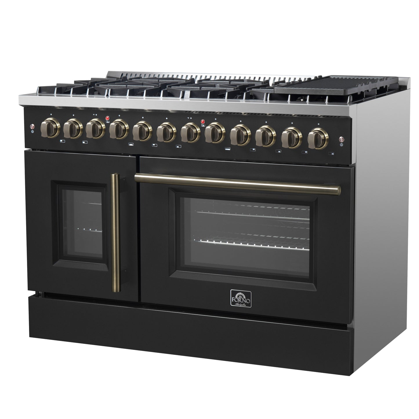 Forno Galiano 48-inch French Door Dual Fuel Range, Black & Antique Brass Design, 8 Sealed Burners - 107,000 BTU, Griddle, 6.58 cu.ft. Double Ovens - Forno Appliances