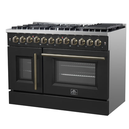 Forno Galiano 48-inch French Door Dual Fuel Range, Black & Antique Brass Design, 8 Sealed Burners - 107,000 BTU, Griddle, 6.58 cu.ft. Double Ovens - Forno Appliances