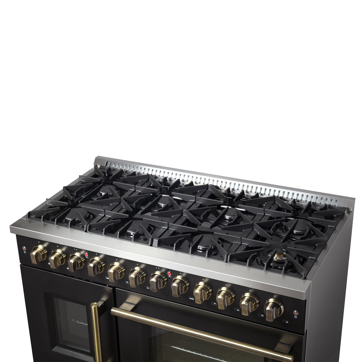 Forno Galiano 48-inch French Door Dual Fuel Range, Black & Antique Brass Design, 8 Sealed Burners - 107,000 BTU, Griddle, 6.58 cu.ft. Double Ovens - Forno Appliances