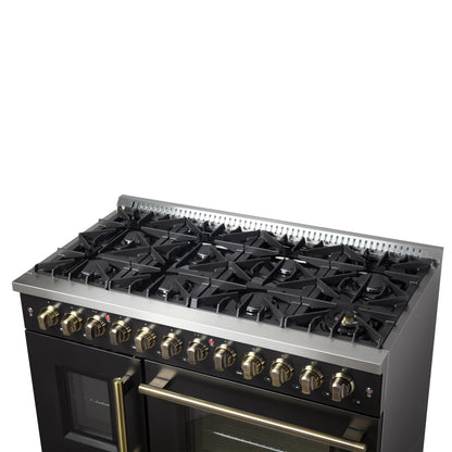 Forno Galiano 48-inch French Door Dual Fuel Range, Black & Antique Brass Design, 8 Sealed Burners - 107,000 BTU, Griddle, 6.58 cu.ft. Double Ovens - Forno Appliances