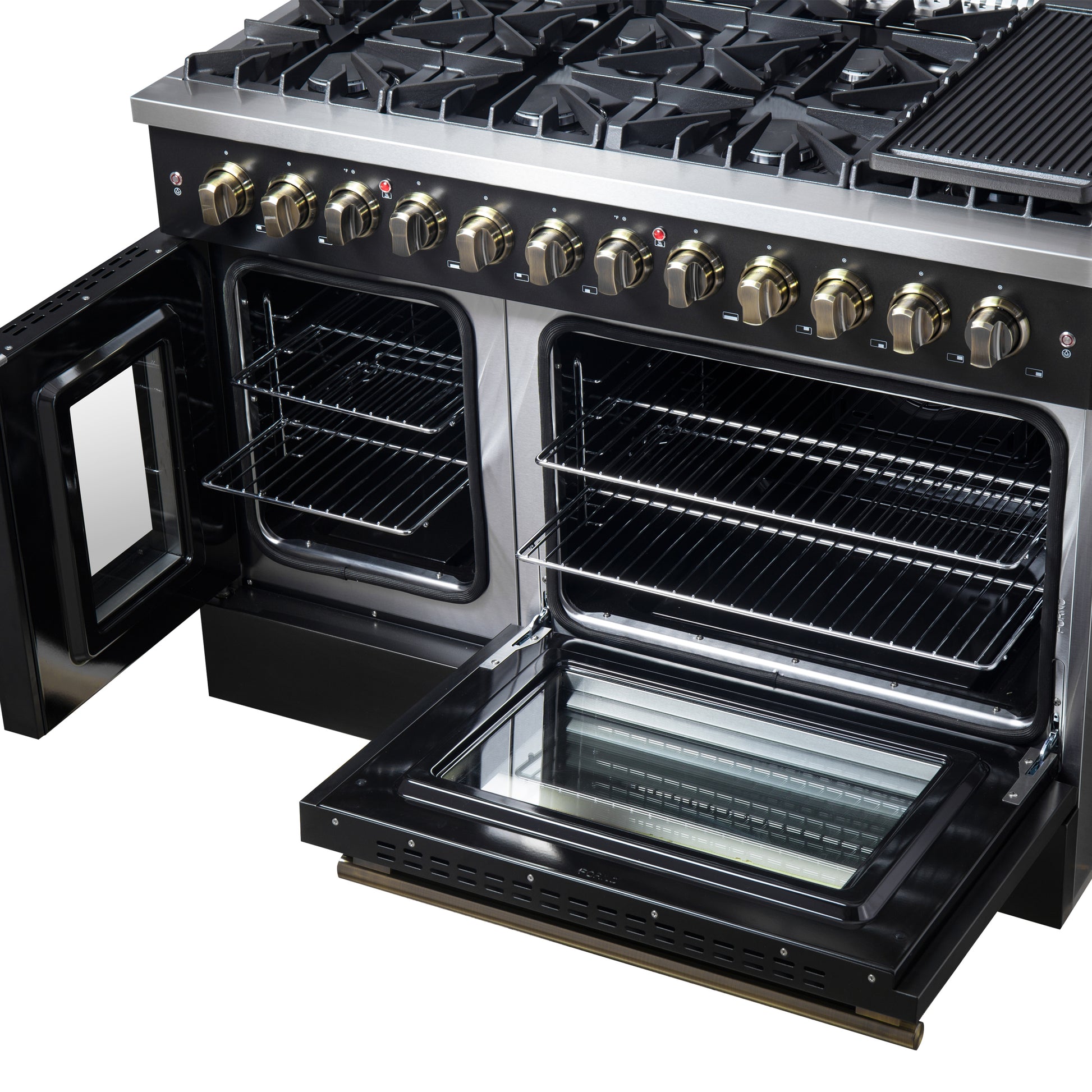 Forno Galiano 48-inch French Door Dual Fuel Range, Black & Antique Brass Design, 8 Sealed Burners - 107,000 BTU, Griddle, 6.58 cu.ft. Double Ovens - Forno Appliances