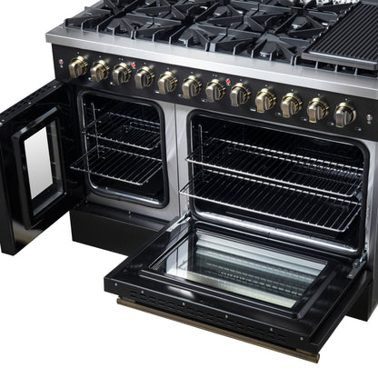 Forno Galiano 48-inch French Door Dual Fuel Range, Black & Antique Brass Design, 8 Sealed Burners - 107,000 BTU, Griddle, 6.58 cu.ft. Double Ovens - Forno Appliances