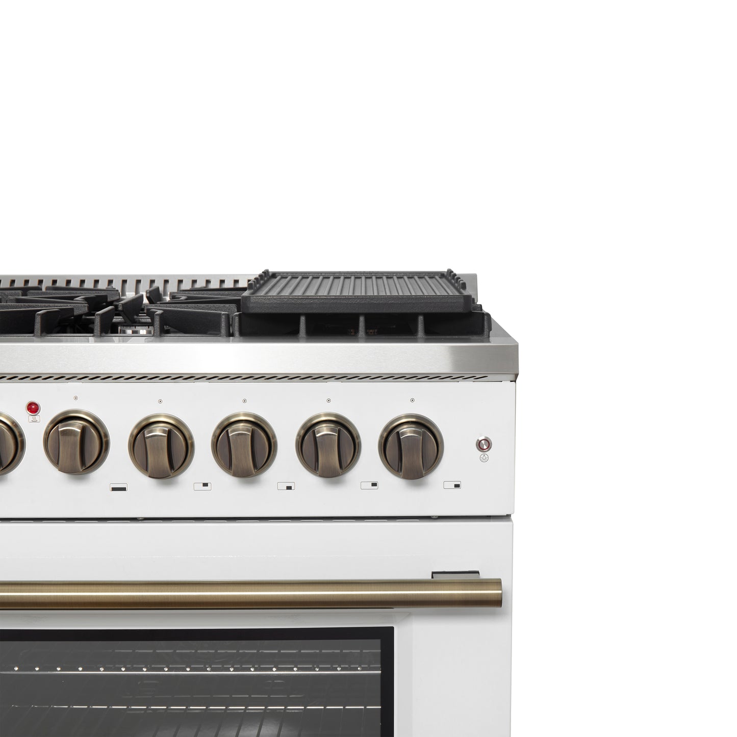 Forno Galiano 48-inch French Door Dual Fuel Range, White & Antique Brass Design, 8 Sealed Burners - 107,000 BTU, Griddle, 6.58 cu.ft. Double Ovens - Forno Appliances