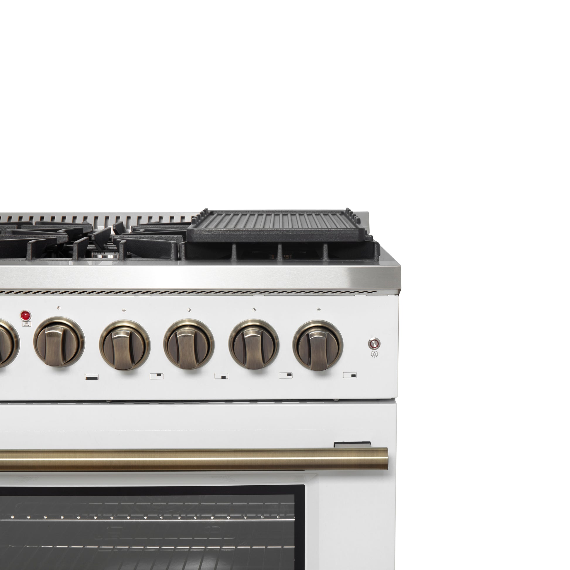 Forno Galiano 48-inch French Door Dual Fuel Range, White & Antique Brass Design, 8 Sealed Burners - 107,000 BTU, Griddle, 6.58 cu.ft. Double Ovens - Forno Appliances