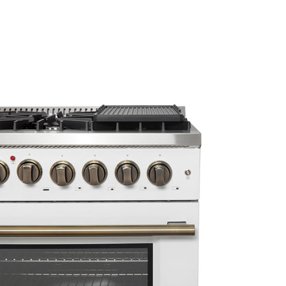 Forno Galiano 48-inch French Door Dual Fuel Range, White & Antique Brass Design, 8 Sealed Burners - 107,000 BTU, Griddle, 6.58 cu.ft. Double Ovens - Forno Appliances