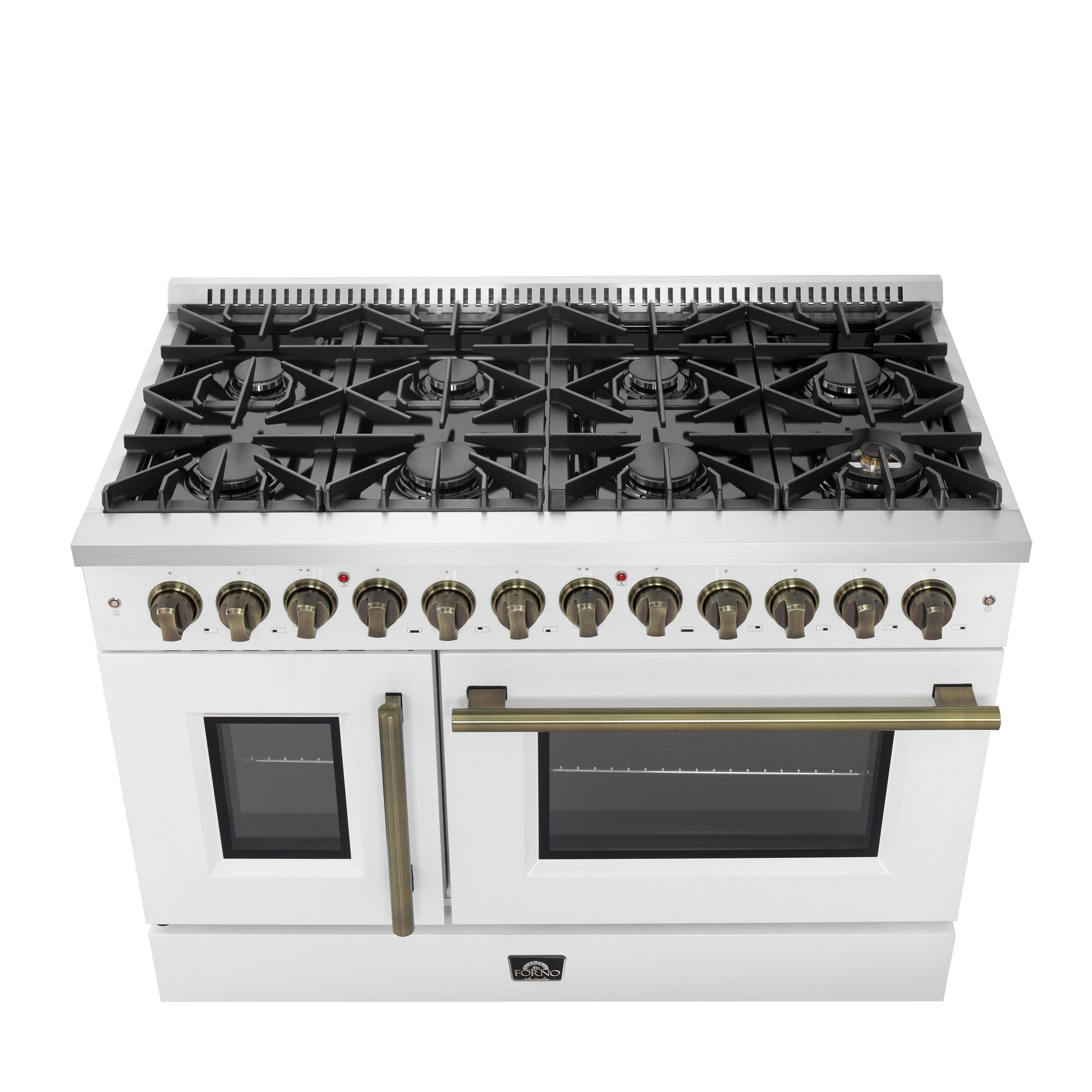 Forno Galiano 48-inch French Door Dual Fuel Range, White & Antique Brass Design, 8 Sealed Burners - 107,000 BTU, Griddle, 6.58 cu.ft. Double Ovens - Forno Appliances