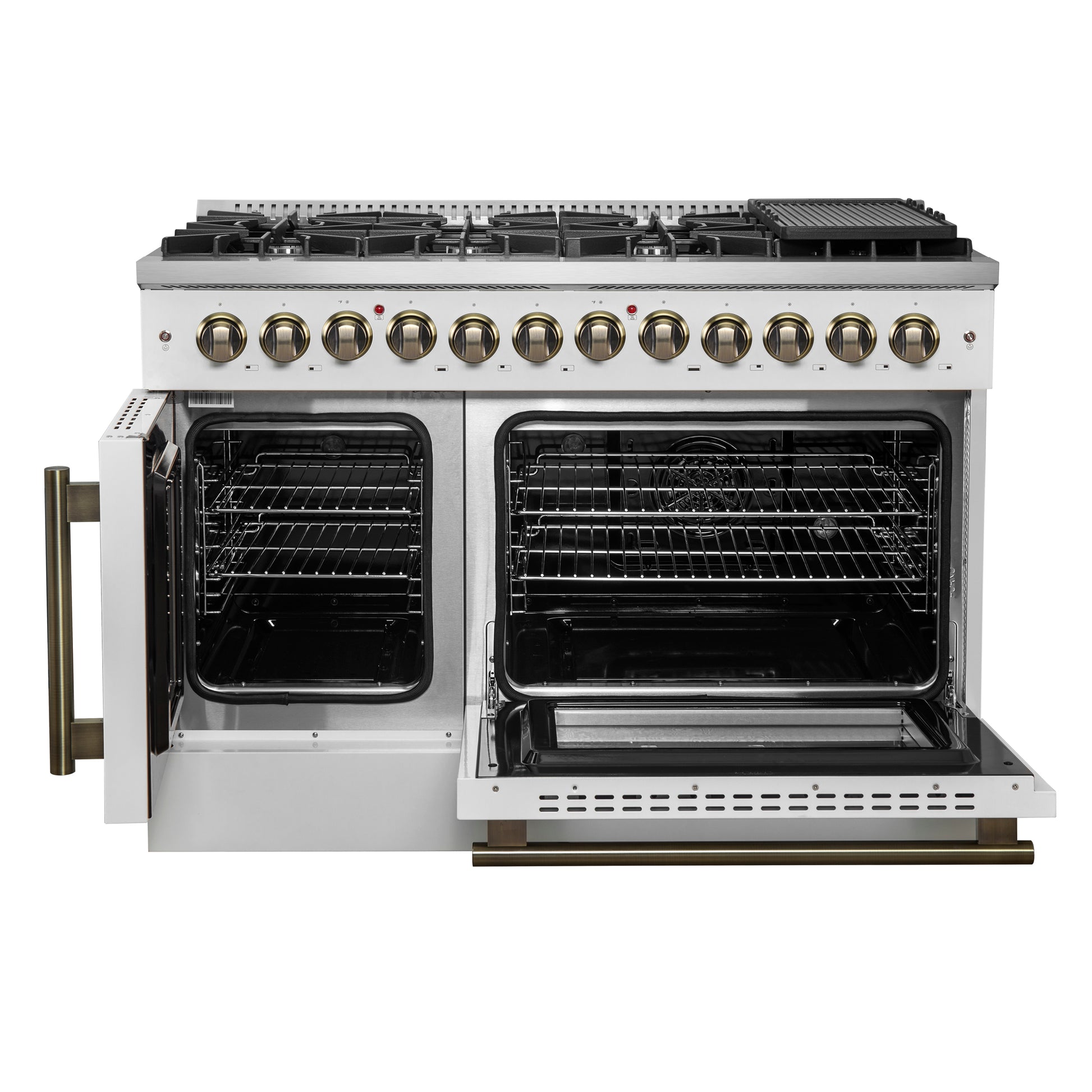 Forno Galiano 48-inch French Door Dual Fuel Range, White & Antique Brass Design, 8 Sealed Burners - 107,000 BTU, Griddle, 6.58 cu.ft. Double Ovens - Forno Appliances