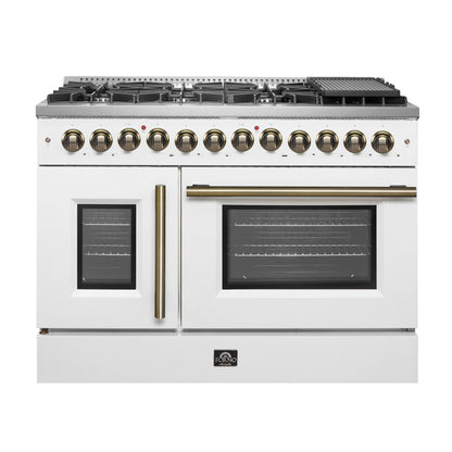 Forno Galiano 48-inch French Door Dual Fuel Range, White & Antique Brass Design, 8 Sealed Burners - 107,000 BTU, Griddle, 6.58 cu.ft. Double Ovens - Forno Appliances