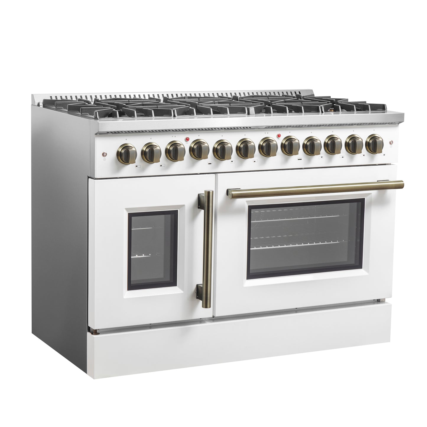 Forno Galiano 48-inch French Door Dual Fuel Range, White & Antique Brass Design, 8 Sealed Burners - 107,000 BTU, Griddle, 6.58 cu.ft. Double Ovens - Forno Appliances