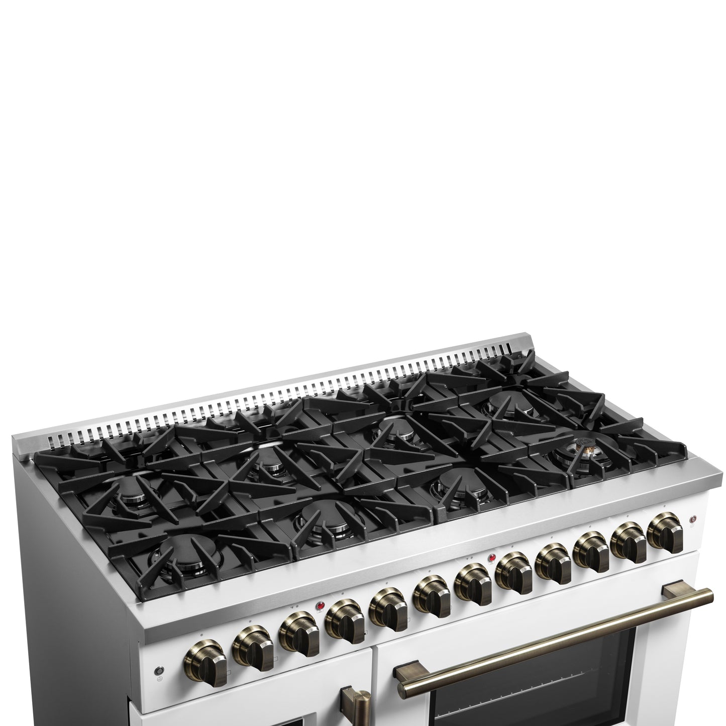 Forno Galiano 48-inch French Door Dual Fuel Range, White & Antique Brass Design, 8 Sealed Burners - 107,000 BTU, Griddle, 6.58 cu.ft. Double Ovens - Forno Appliances