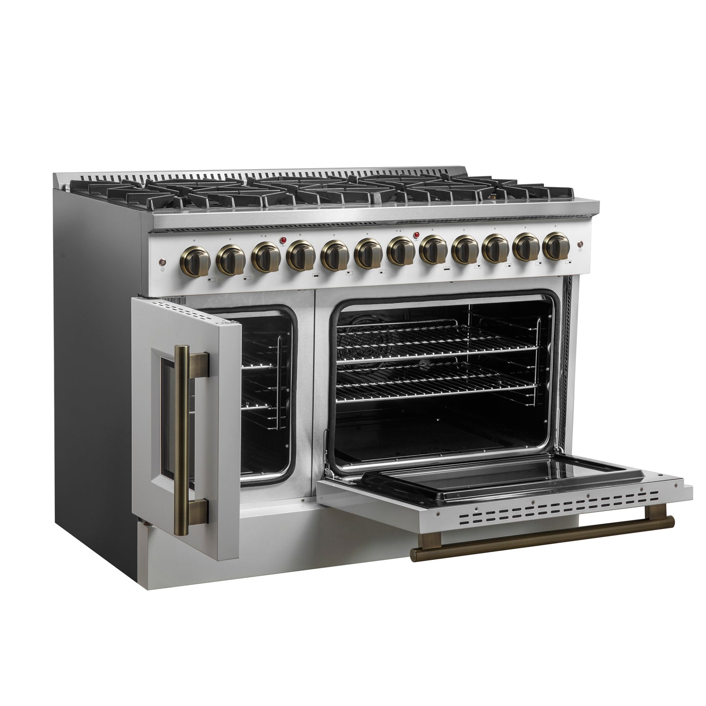 Forno Galiano 48-inch French Door Dual Fuel Range, White & Antique Brass Design, 8 Sealed Burners - 107,000 BTU, Griddle, 6.58 cu.ft. Double Ovens - Forno Appliances